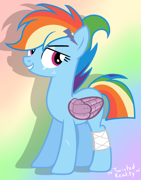 Size: 1552x1976 | Tagged: safe, artist:kokonaharuka45, derpibooru import, rainbow dash, pegasus, pony, alternate timeline, amputee, apocalypse dash, artificial wings, augmented, badass, bandage, crystal war timeline, eye scar, female, gradient background, prosthetic limb, prosthetic wing, prosthetics, rainbow, scar, smiling, torn ear, wings