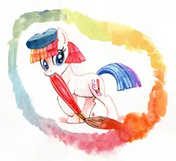 Size: 1280x1173 | Tagged: safe, artist:needsmoarg4, derpibooru import, toola roola, earth pony, pony, beret, cutie mark, foal, hat, mouth hold, paintbrush, painting, simple background, solo, toola roola will be painting away, traditional art, watercolor painting, white background