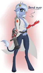 Size: 1903x3191 | Tagged: suggestive, artist:virenth, derpibooru import, oc, oc:hester, minotaur, pony, female, horn, horn ring, medic, ring, solo, team fortress 2