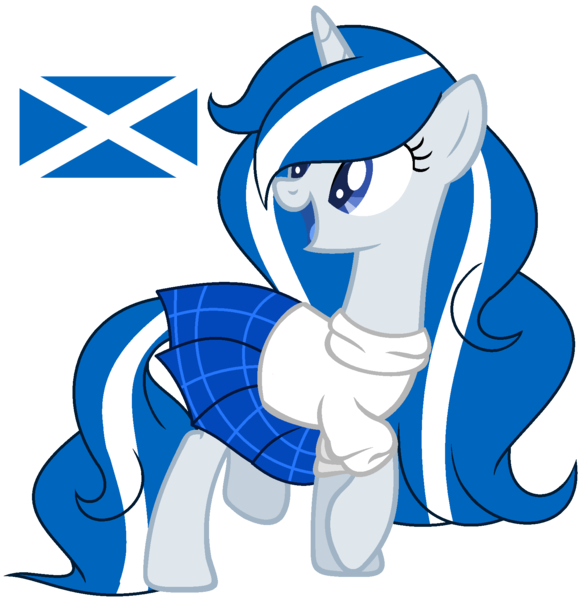Size: 1640x1688 | Tagged: safe, artist:cosmicwitchadopts, derpibooru import, oc, oc:balmoral, ponified, unofficial characters only, pony, unicorn, clothes, female, kilt, mare, nation ponies, open mouth, raised hoof, scotland, shirt, simple background, solo, sweater, transparent background