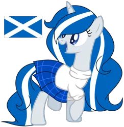 Size: 1640x1688 | Tagged: safe, artist:cosmicwitchadopts, derpibooru import, oc, oc:balmoral, ponified, unofficial characters only, pony, unicorn, clothes, female, kilt, mare, nation ponies, open mouth, raised hoof, scotland, shirt, simple background, solo, sweater, transparent background