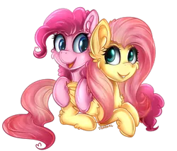 Size: 954x817 | Tagged: safe, artist:deraniel, derpibooru import, fluttershy, pinkie pie, earth pony, pegasus, pony, chest fluff, duo, ear fluff, female, folded wings, looking at each other, looking sideways, mare, open mouth, prone, simple background, smiling, transparent background, wings