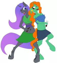 Size: 2094x2322 | Tagged: safe, artist:settop, derpibooru import, oc, oc:emerald isle, oc:viciz, anthro, changeling, unicorn, alcohol, beer, changeling oc, clothes, drunk, purple changeling, simple background, skirt, st.patrick's day, white background