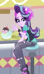 Size: 1030x1728 | Tagged: safe, artist:rodan00, derpibooru import, starlight glimmer, equestria girls, mirror magic, spoiler:eqg specials, beanie, boots, clothes, cute, female, food, glimmerbetes, hat, ice cream, jeans, pants, ripped jeans, ripped pants, shoes, sitting, solo, stars, that human sure does love ice cream, watch
