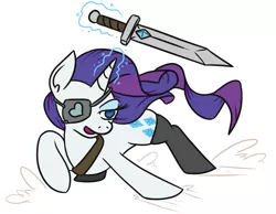 Size: 877x680 | Tagged: safe, artist:jargon scott, derpibooru import, rarity, pony, unicorn, alternate universe, clothes, eyepatch, female, glowing horn, horn, magic, mare, simple background, socks, solo, stockings, sword, sword rara, telekinesis, thigh highs, weapon, white background