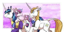 Size: 1364x684 | Tagged: safe, artist:inuhoshi-to-darkpen, derpibooru import, prince blueblood, princess flurry heart, shining armor, alicorn, classical unicorn, pony, unicorn, :p, bowtie, butt fluff, cheek fluff, chest fluff, clothes, cloven hooves, curved horn, cute, dock, ear fluff, eyes closed, father and child, father and daughter, feathered fetlocks, female, filly, floppy ears, fluffy, flurrybetes, frown, gritted teeth, hoof fluff, horn, leg fluff, leonine tail, long horn, looking back, male, nose wrinkle, older, ponies riding ponies, raised hoof, raspberry, riding, shirt, silly, smiling, stallion, tail feathers, tail fluff, tongue out, trio, uniform, unshorn fetlocks, walking, wide eyes, wing fluff