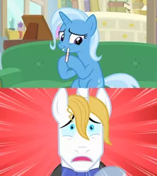 Size: 1920x2160 | Tagged: safe, derpibooru import, edit, edited screencap, screencap, prince blueblood, trixie, pony, road to friendship, the best night ever, bluetrix, female, implied pregnancy, male, pregnancy test, pregnancy test meme, shipping, shocked, straight