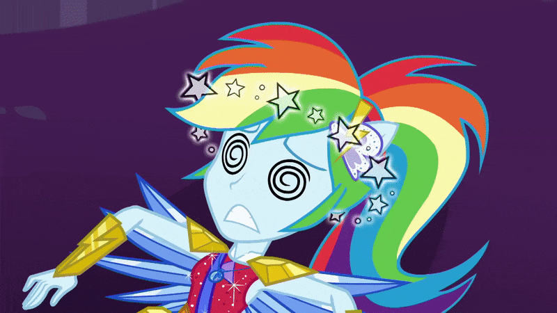 Size: 800x450 | Tagged: safe, derpibooru import, screencap, rainbow dash, equestria girls, equestria girls series, super squad goals, animated, circling stars, crystal guardian, crystal wings, dizzy, geode of super speed, gif, magical geodes, ponied up, swirly eyes, wings