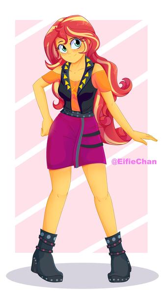 Size: 2200x4000 | Tagged: safe, artist:katakiuchi4u, derpibooru import, sunset shimmer, equestria girls, equestria girls series, abstract background, blushing, boots, clothes, cute, female, freckles, high heel boots, looking at you, pose, shimmerbetes, shoes, skirt, smiling, solo, watermark