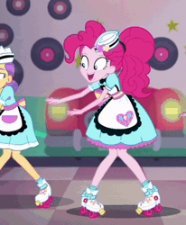 Size: 600x729 | Tagged: safe, derpibooru import, screencap, pinkie pie, tip top, coinky-dink world, eqg summertime shorts, equestria girls, animated, background human, clothes, cropped, cute, dancing, diapinkes, gif, hip thrust, huggable, looking at you, roller skates, server pinkie pie