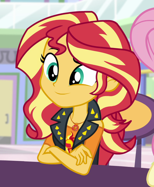 Size: 884x1076 | Tagged: safe, derpibooru import, screencap, fluttershy, sunset shimmer, equestria girls, equestria girls series, rollercoaster of friendship, cropped, crossed arms, cute, geode of empathy, magical geodes, shimmerbetes, solo focus