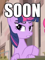 Size: 400x533 | Tagged: acting, alicorn, caption, cropped, derpibooru import, edit, edited screencap, glowing horn, hooves together, horn, image macro, lidded eyes, meme, safe, screencap, solo, soon, text, the cutie map, twilight sparkle, twilight sparkle (alicorn)