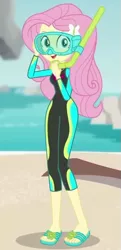 Size: 343x708 | Tagged: safe, derpibooru import, screencap, fluttershy, equestria girls, equestria girls series, unsolved selfie mysteries, beach, clothes, cropped, cute, diving goggles, diving suit, feet, flip-flops, geode of fauna, magical geodes, ocean, sandals, shorts, shyabetes, snorkel, solo, swimsuit, wetsuit