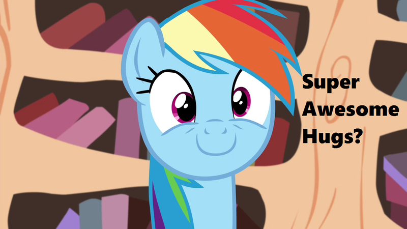 Size: 1280x720 | Tagged: safe, derpibooru import, edit, edited screencap, screencap, rainbow dash, season 4, testing testing 1-2-3, book, bronybait, cute, dashabetes, golden oaks library, hug, hug request, library, smiling, solo, text