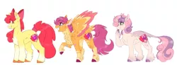 Size: 1871x691 | Tagged: safe, artist:wanderingpegasus, derpibooru import, apple bloom, scootaloo, sweetie belle, classical unicorn, pony, unicorn, alternate design, cheek fluff, chest fluff, cloven hooves, colored wings, colored wingtips, cutie mark crusaders, dappled, ear fluff, female, fluffy, hoof fluff, leonine tail, simple background, smiling, tail feathers, tail wrap, unshorn fetlocks, white background, wings