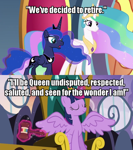 Size: 640x720 | Tagged: safe, derpibooru import, edit, edited screencap, screencap, princess celestia, princess luna, twilight sparkle, twilight sparkle (alicorn), alicorn, pony, school raze, the beginning of the end, trade ya, be prepared, caption, crown, female, gavel, hammer, hoof shoes, hub logo, image macro, jewelry, magic, mare, new crown, regalia, solo, text, the lion king, tiara