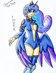 Size: 1257x1631 | Tagged: absolute cleavage, artist:the1king, breasts, butt wings, cleavage, derpibooru import, ear piercing, earring, ethereal mane, female, hip wings, horn, horned humanization, human, humanized, jewelry, lidded eyes, necklace, piercing, princess luna, solo, suggestive, text, tiara, winged humanization, wings