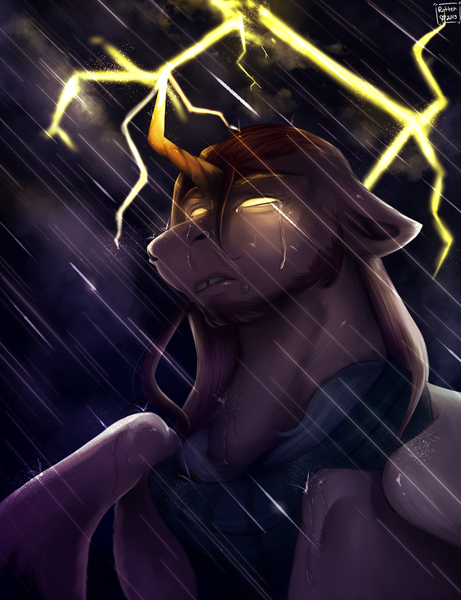 Size: 1615x2100 | Tagged: safe, artist:rottengotika, derpibooru import, oc, oc:dante wail, alicorn, pony, alicorn oc, angry, clothes, crying, horn, powerful, rain, scarf, solo, storm, thunder, weeping, wings