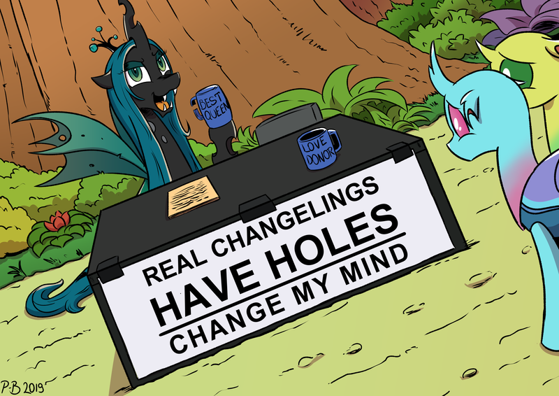 Size: 2047x1447 | Tagged: artist:pony-berserker, changedling, changeling, changeling queen, change my mind, cheeselegs, derpibooru import, fangs, female, hoof hold, innuendo, lidded eyes, looking at you, meme, mug, oc, oc:dopple, open mouth, queen chrysalis, safe, smiling, smirk, table, worried