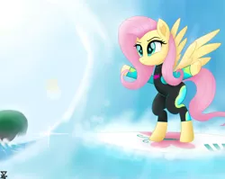 Size: 6900x5500 | Tagged: safe, artist:theretroart88, derpibooru import, fluttershy, ponified, pegasus, pony, equestria girls, beach, bipedal, clothes, equestria girls outfit, equestria girls ponified, female, hooves up, movie accurate, ocean, solo, sun, surfboard, surfing, swimsuit, tree, water, wetsuit, wings