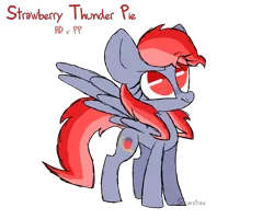 Size: 2500x2000 | Tagged: safe, artist:sugarstraw, derpibooru import, oc, oc:strawberry thunder pie, unofficial characters only, pegasus, pony, cutie mark, female, food, grin, hooves, magical lesbian spawn, mare, next generation, offspring, parent:pinkie pie, parent:rainbow dash, parents:pinkiedash, red eyes, simple background, smiling, solo, spread wings, strawberry, text, transparent background, wings