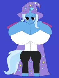 Size: 1920x2521 | Tagged: anthro, artist:optimario94, bedroom eyes, big breasts, blue background, breast overpour, breasts, busty trixie, cape, clothes, derpibooru import, female, hat, huge breasts, hyper, hyper breasts, impossibly large breasts, lidded eyes, pants, simple background, solo, solo female, spherical breasts, suggestive, trixie, unguligrade anthro