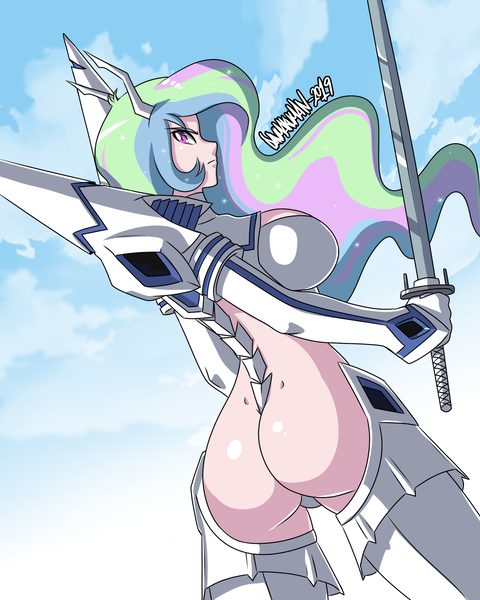 Size: 2000x2500 | Tagged: suggestive, artist:danmakuman, derpibooru import, princess celestia, equestria girls, anime, ass, bakuzan, big breasts, breasts, busty princess celestia, butt, crossover, digital art, female, junketsu, kill la kill, looking back, principal celestia, principal sunbutt, satsuki kiryuin, solo, solo female, sunbutt, sword, weapon