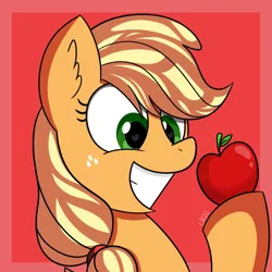 Size: 894x894 | Tagged: safe, artist:vale-bandicoot96, derpibooru import, applejack, earth pony, pony, apple, bust, cute, female, food, holding, jackabetes, mare, missing accessory, red background, silly, silly pony, simple background, smiling, solo, that pony sure does love apples
