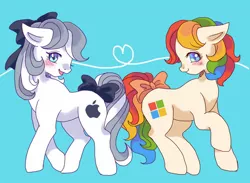 Size: 1300x950 | Tagged: safe, artist:riffa nosuke, artist:tsukuda, derpibooru import, oc, oc:apple-chan, oc:microsoft-chan, earth pony, pony, blue background, blue eyes, blushing, bow, ears, facing each other, female, filly, grey hair, hair bow, heart, looking at you, mane bow, microsoft, multicolored hair, multicolored mane, multicolored tail, one hoof raised, open mouth, raised hoof, simple background, tail bow, white coat, windows, windows 10, yellow coat