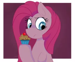 Size: 979x816 | Tagged: safe, artist:vale-bandicoot96, derpibooru import, pinkie pie, earth pony, pony, fanfic:cupcakes, bust, cherry, cupcake, female, food, frown, holding, mare, pinkamena diane pie, solo