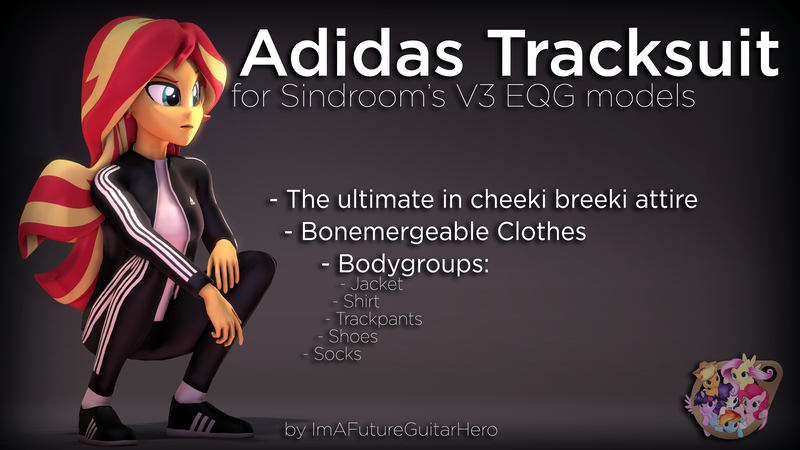 Size: 3840x2160 | Tagged: safe, artist:imafutureguitarhero, artist:sindroom, derpibooru import, part of a set, sunset shimmer, human, equestria girls, 3d, adidas, cheeki breeki, clothes, colored eyebrows, download, download at source, downloadable, female, gopnik, high res, jacket, multicolored hair, open mouth, pants, part of a series, raised eyebrow, shirt, shoes, slav squat, socks, solo, source filmmaker, squatting, text, trackpants, tracksuit