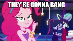 Size: 1920x1080 | Tagged: suggestive, derpibooru import, edit, edited screencap, screencap, pinkie pie, rosette nebula, sci-twi, twilight sparkle, equestria girls, equestria girls series, twilight under the stars, spoiler:eqg series (season 2), breaking the fourth wall, cake fixes everything, caption, fourth wall, image macro, implied lesbian, implied sex, text