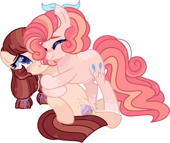 Size: 1280x1081 | Tagged: safe, artist:moon-rose-rosie, derpibooru import, pinkie pie, oc, oc:chocolate sprinkles, earth pony, pony, alternate design, female, hug, mare, mother and child, mother and daughter, offspring, parent:cheese sandwich, parent:pinkie pie, parents:cheesepie, simple background, transparent background