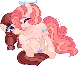 Size: 1280x1081 | Tagged: safe, artist:moon-rose-rosie, derpibooru import, pinkie pie, oc, oc:chocolate sprinkles, earth pony, pony, alternate design, female, hug, mare, mother and child, mother and daughter, offspring, parent:cheese sandwich, parent:pinkie pie, parents:cheesepie, simple background, transparent background