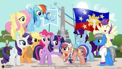 Size: 5765x3242 | Tagged: safe, artist:jhayarr23, derpibooru import, applejack, fluttershy, pinkie pie, rainbow dash, rarity, twilight sparkle, oc, oc:pearl shine, ponified, pony, equestrian flag, female, filipino, flag, male, mane six, mare, nation ponies, philippines, stallion, sun, tagalog