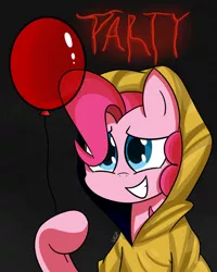 Size: 800x1000 | Tagged: safe, artist:vale-bandicoot96, derpibooru import, pinkie pie, earth pony, pony, balloon, black background, clothes, cute, diapinkes, female, holding, hoodie, it, mare, parody, party, pennywise, pinkiewise, simple background, smiling, solo