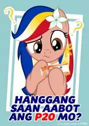 Size: 5506x7775 | Tagged: safe, artist:jhayarr23, derpibooru import, oc, oc:pearl shine, pony, bank note, confused, filipino, flower, flower in hair, nation ponies, peso, philippines, tagalog