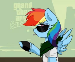 Size: 979x816 | Tagged: safe, artist:vale-bandicoot96, derpibooru import, rainbow dash, pegasus, pony, bandana, cigarette, clothes, crossover, female, grand theft auto, gta san andreas, mare, one hoof raised, solo, sunglasses, wings