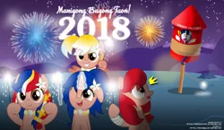 Size: 1024x592 | Tagged: safe, artist:jhayarr23, derpibooru import, oc, oc:fillypines, oc:luz, oc:minda, oc:pearl shine, oc:vi, pony, 2018, fireworks, happy new year, holiday, nation ponies, night, philippines, pun, this will end in pain and/or tears, upset