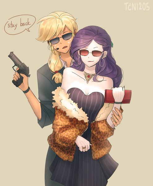 Size: 1400x1700 | Tagged: safe, artist:tcn1205, derpibooru import, applejack, rarity, human, equestria girls, badass, bare shoulders, beretta, bodyguard, clothes, cute, dialogue, female, gun, humanized, jackabetes, lesbian, pony coloring, purse, raribetes, rarijack, shipping, sunglasses, weapon