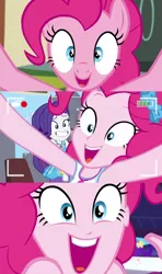 Size: 1366x2304 | Tagged: safe, derpibooru import, screencap, pinkie pie, rarity, best trends forever, equestria girls, equestria girls series, make new friends but keep discord, twilight under the stars, spoiler:eqg series (season 2), best trends forever: pinkie pie, breaking the fourth wall, comparison, fourth wall, geode of shielding, geode of sugar bombs, he wants all of the cakes, magical geodes