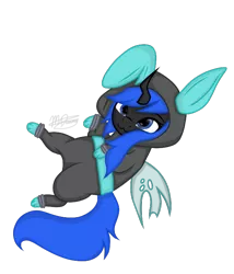 Size: 600x700 | Tagged: artist:dawnshine, blue changeling, bunny ears, changeling, changeling oc, chibi, clothes, costume, cute, dangerous mission outfit, derpibooru import, goggles, hoodie, oc, oc:blue visions, safe, simple background, transparent background, unofficial characters only