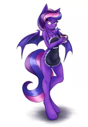 Size: 645x927 | Tagged: source needed, useless source url, suggestive, artist:ambris, derpibooru import, oc, oc:cinnamon music, unofficial characters only, anthro, bat pony, unguligrade anthro, anthro oc, apron, bat pony oc, bat wings, blushing, bottomless, breasts, cleavage, clothes, coffee mug, female, looking at you, mare, mug, naked apron, partial nudity, slit eyes, slit pupils, solo, wings