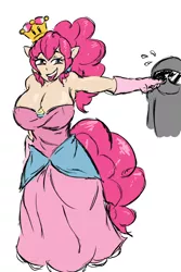 Size: 1280x1920 | Tagged: 30 minute art challenge, armpits, artist:poneboning, big breasts, breasts, busty pinkie pie, clothes, derpibooru import, dress, elf ears, evening gloves, female, gloves, huge breasts, human, humanized, long gloves, oc, oc:anon, pinkie pie, safe, simple background, solo, super crown, tailed humanization, white background