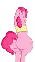 Size: 1080x1920 | Tagged: suggestive, artist:andelai, derpibooru import, edit, edited edit, pinkie pie, pony, ass, balloonbutt, bottomless, butt, buttcrack, clothes, dock, female, hooves behind head, huge butt, large butt, mare, nudity, partial nudity, plot, rear view, short shirt, simple background, solo, the ass was fat, thick, wide hips