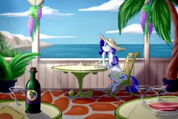 Size: 2250x1500 | Tagged: safe, artist:lorenz3, artist:notaletolivefor, derpibooru import, rarity, pony, unicorn, alcohol, cafe, chair, cocktail glass, complex background, digital art, female, hat, mare, martini, martini glass, ocean, olive, solo, table, water, wine