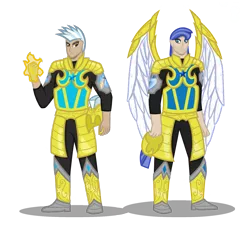 Size: 1579x1445 | Tagged: armor, artist:cyril_deroach, art pack:equestria humanized project, derpibooru import, duo, helmet, human, humanized, magic, royal guard, safe, simple background, transparent background, winged humanization, wings