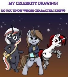 Size: 1472x1668 | Tagged: safe, artist:pencil bolt, derpibooru import, oc, oc:blackjack, oc:littlepip, oc:velvet remedy, cyborg, pony, unicorn, fallout equestria, fallout equestria: project horizons, fanfic, augmented, bag, bipedal, clothes, cute, cutie mark, cyber legs, fallout, fanfic art, female, fluttershy medical saddlebag, grin, hooves, horn, looking at you, mare, medical bag, pipbuck, smiling, stars, vault suit