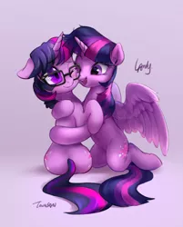 Size: 674x837 | Tagged: safe, artist:luciferamon, artist:tingsan, derpibooru import, sci-twi, twilight sparkle, twilight sparkle (alicorn), ponified, alicorn, pony, unicorn, equestria girls, anatomically incorrect, collaboration, cute, duality, duo, equestria girls ponified, female, floppy ears, glasses, gray background, happy, hug, incorrect leg anatomy, kneeling, mare, nuzzling, one eye closed, self ponidox, simple background, smiling, spread wings, twiabetes, twolight, unicorn sci-twi, wing fluff, wings, wink