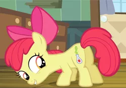 Size: 1346x940 | Tagged: safe, derpibooru import, screencap, apple bloom, earth pony, pony, bloom and gloom, alternate cutie mark, butt, cropped, cutie mark, excited, plot, smiling, solo